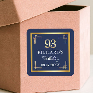 Sticker Carré Fête d'anniversaire de 93 ans Elegant Blue Gold