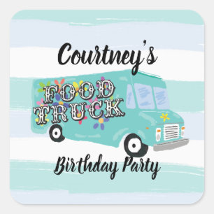 Sticker Carré Fête d'anniversaire de camion de nourriture bleu s
