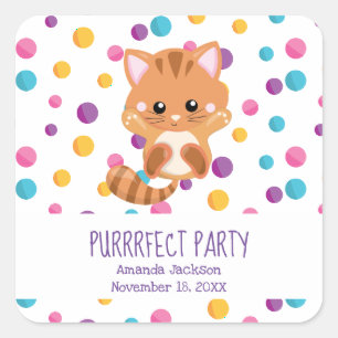 Sticker Carré Fête d'anniversaire de chaton mignon Confetti Arc-