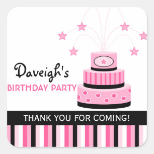 Sticker Carré Fête d'anniversaire de gâteau rose et noir