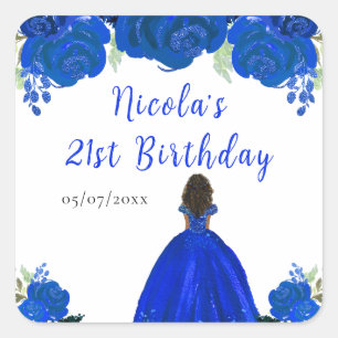 Sticker Carré Fête d'anniversaire de princesse à fleurs bleues p