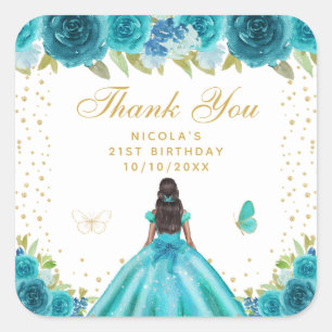 Sticker Carré Fête d'anniversaire de princesse à peau foncée et 