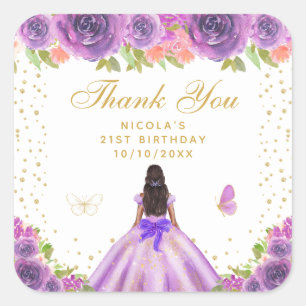 Sticker Carré Fête d'anniversaire de princesse à peau foncée et 