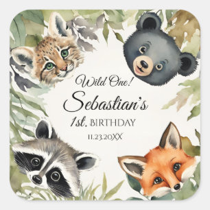 Sticker Carré Fête d'anniversaire de Wild One Woodland Animal