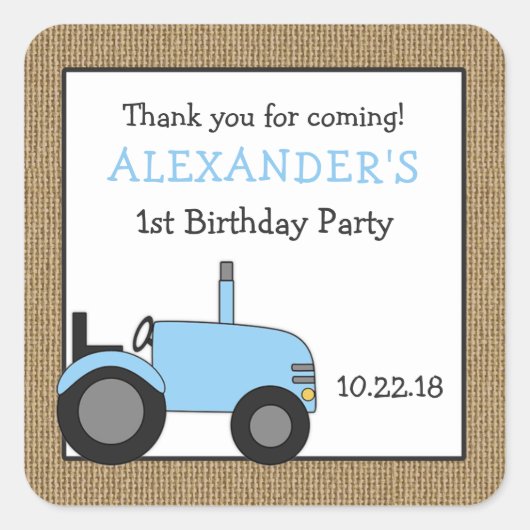 Sticker Carré Fête d'anniversaire du tracteur bleu pour autocoll (Devant)