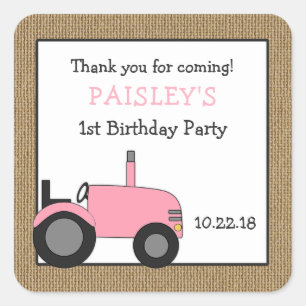 Sticker Carré Fête d'anniversaire du tracteur rose faveur autoco
