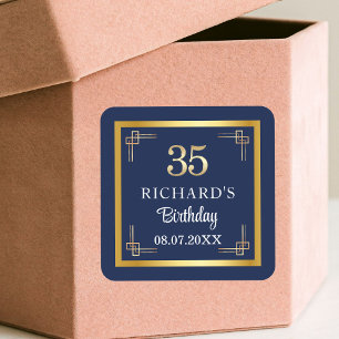 Sticker Carré Fête d'anniversaire élégante bleue et or pour les 