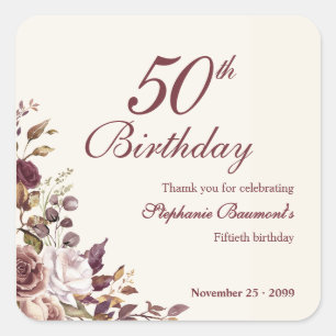 Sticker Carré Fête d'anniversaire élégante Burgundy florale 50 a