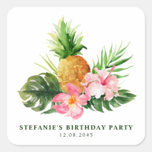 Sticker Carré Fête d'anniversaire estivale ananas aquarelle
