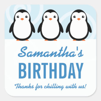 Sticker Carré Fête d'anniversaire Fille Hiver Manchot Cadeau