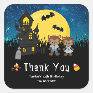 Sticker Carré Fête d'anniversaire Halloween Loup-Garou Bleu