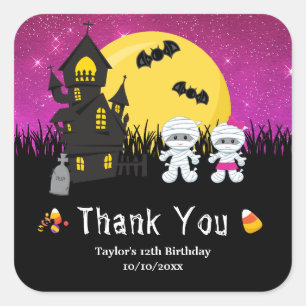 Sticker Carré Fête d'anniversaire Halloween Momie Rose