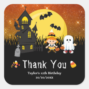Sticker Carré Fête d'anniversaire Halloween Sorcière Fantôme Ora