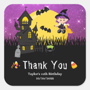 Sticker Carré Fête d'anniversaire Halloween Sorcière Violet