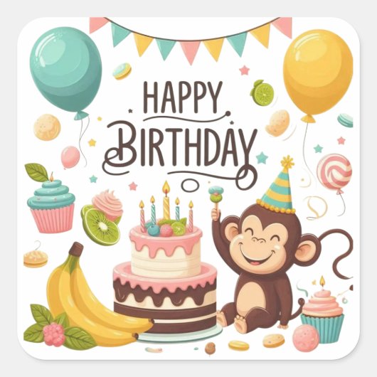 Sticker Carré Fête d'anniversaire joyeux singe mignon (Devant)