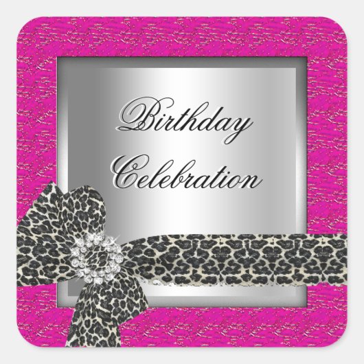 Sticker Carré Fête d'anniversaire Leopard Hot rose argent rose (Devant)