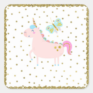 Sticker Carré Fête d'anniversaire licorne paillettes rose et or 