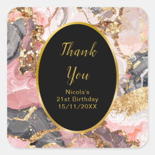 Sticker Carré Fête d'anniversaire Marbre Agate Rose, Gris et Or