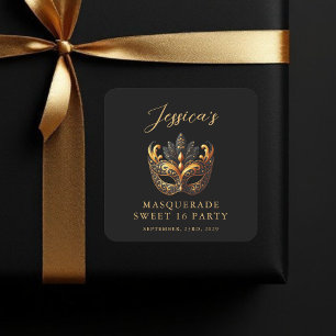 Sticker Carré Fête d'anniversaire Masquerade Black Gold Sweet 16
