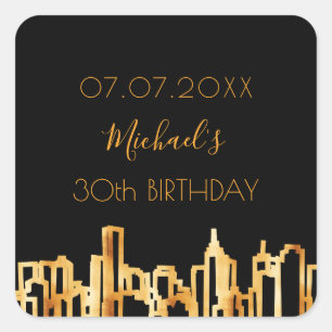 Sticker Carré fête d'anniversaire noir or ville skyline moderne