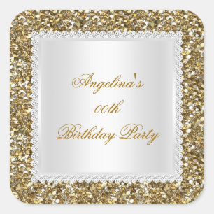 Sticker Carré Fête d'anniversaire paillettes dorées avec bordure