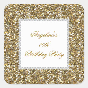 Sticker Carré Fête d'anniversaire paillettes dorées avec bordure