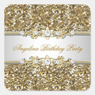 Sticker Carré Fête d'anniversaire paillettes Or Bijou Diamant To