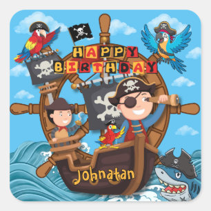 Sticker Carré Fête d'anniversaire pirate pour enfants