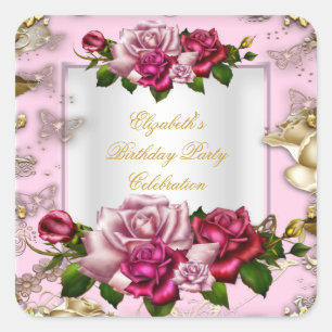 Sticker Carré Fête d'anniversaire Roses roses Blanc Or Crème