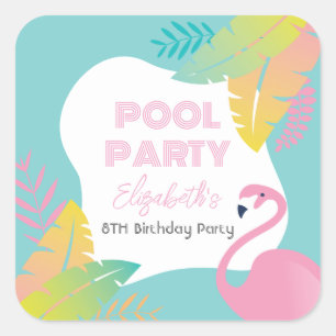 Sticker Carré Fête d'anniversaire Tropicale aux Flamants Roses P