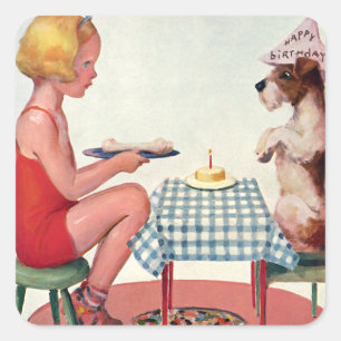 Sticker Carré Fête d'anniversaire vintage, fille avec un chien c