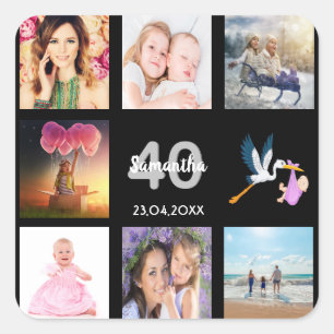 Sticker Carré Fête de 40e anniversaire photo collage noir