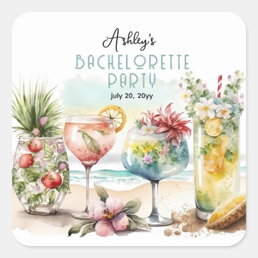 Sticker Carré Fête de Bachelorette avec des Cocktails Thématique (Devant)