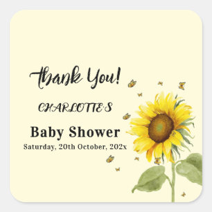 Sticker Carré Fête de bébé au thème tournesol et papillons aquar