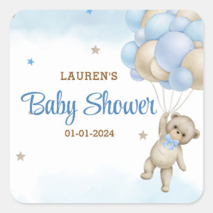 Sticker Carré Fête de bébé ours en peluche ballons bleus