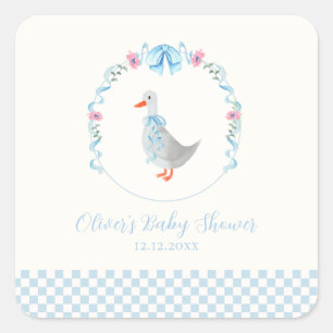Sticker Carré Fête de bébé Silly Goose en vichy bleu et bois