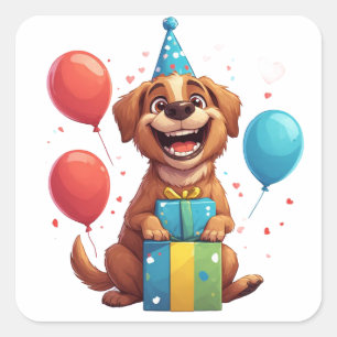 Sticker Carré 🎈 Fête de chiot joyeux avec ballons et cadeau