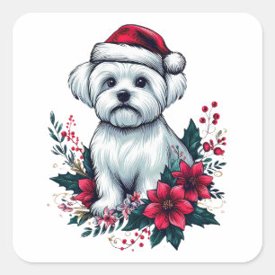 Sticker Carré Fête de fleurs Chien maltais avec Santa Hat Chien