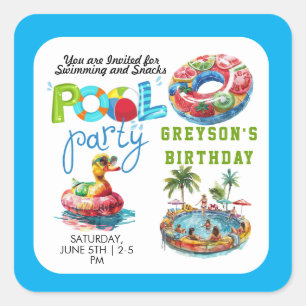 Sticker Carré Fête de la piscine pour adultes Plage d'été Annive