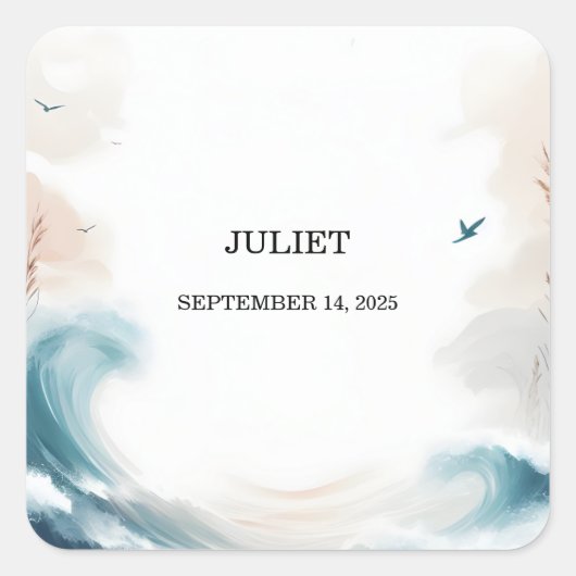 Sticker Carré Fête de Mariage d'Été Plage Océan Eau Bleue (Devant)