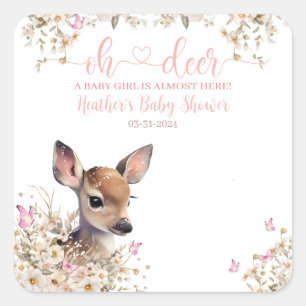 Sticker Carré Fête de Naissance Bébé Fille Cerf de Forêt