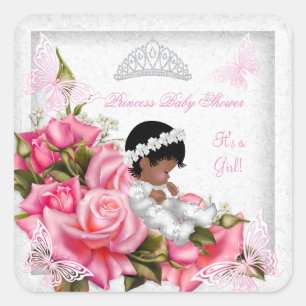 Sticker Carré Fête de naissance Princesse Bébé Fille Papillon Ro