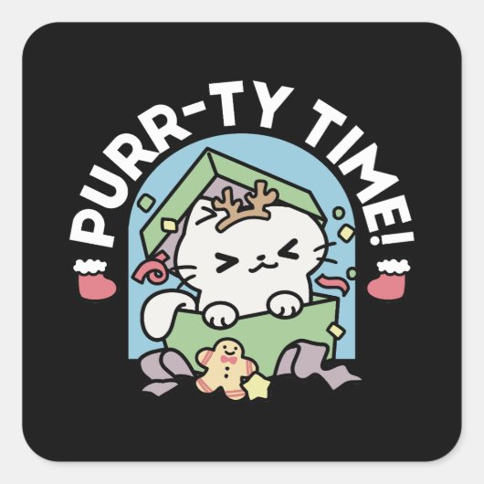 Sticker Carré Fête de Noël avec Purr-ty Time Cat (Devant)