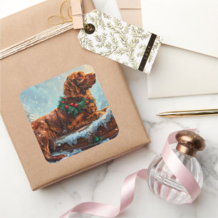 Sticker Carré Fête de Noël du chien roux irlandais