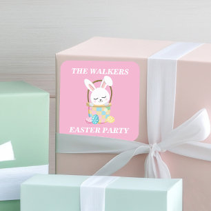 Sticker Carré Fête de Pâques personnalisée avec un lapin rose mi