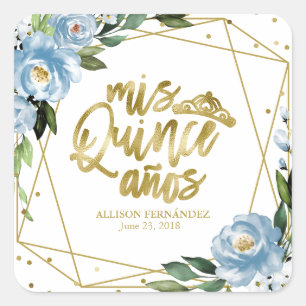 Sticker Carré Fête de Quinceanera Papier Doré Floral Bleu Poussi