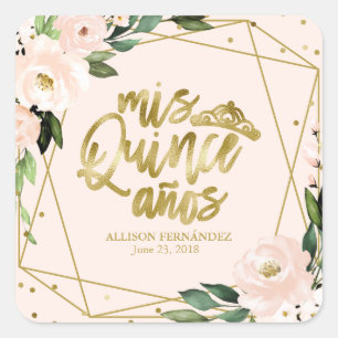 Sticker Carré Fête de Quinceañera Papier Doré Rose Pâle