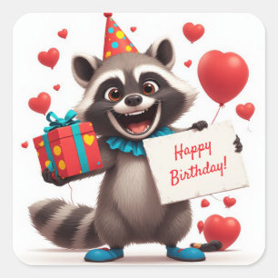 Sticker Carré Fête de raton laveur mignon avec boîte cadeau 🦝