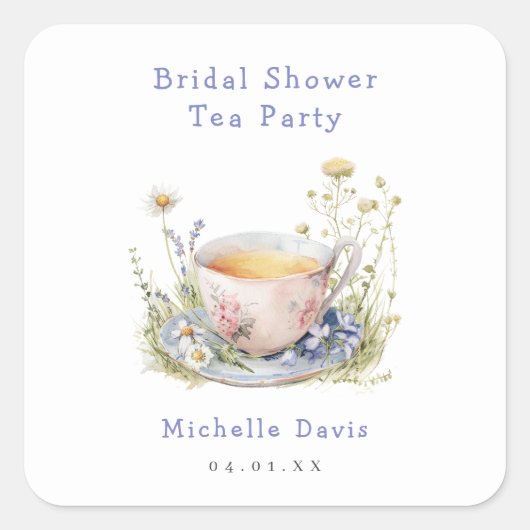 Sticker Carré Fête de thé de mariage printanier à l'aquarelle (Devant)