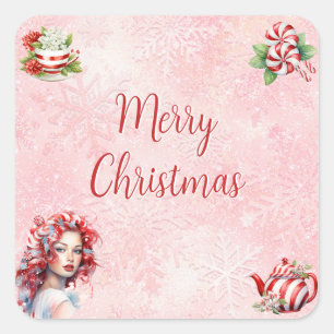 Sticker Carré Fête de thé de Noël Peppermenthe Pink Snowflake